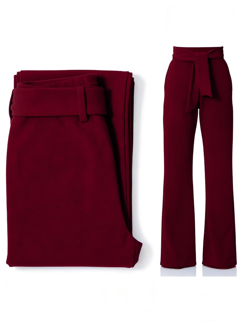 LKOUS Women Work Casual Stretchy Straight Wide Leg High Waisted Long Pants Belt,T- Wine,X-Large - Image 5